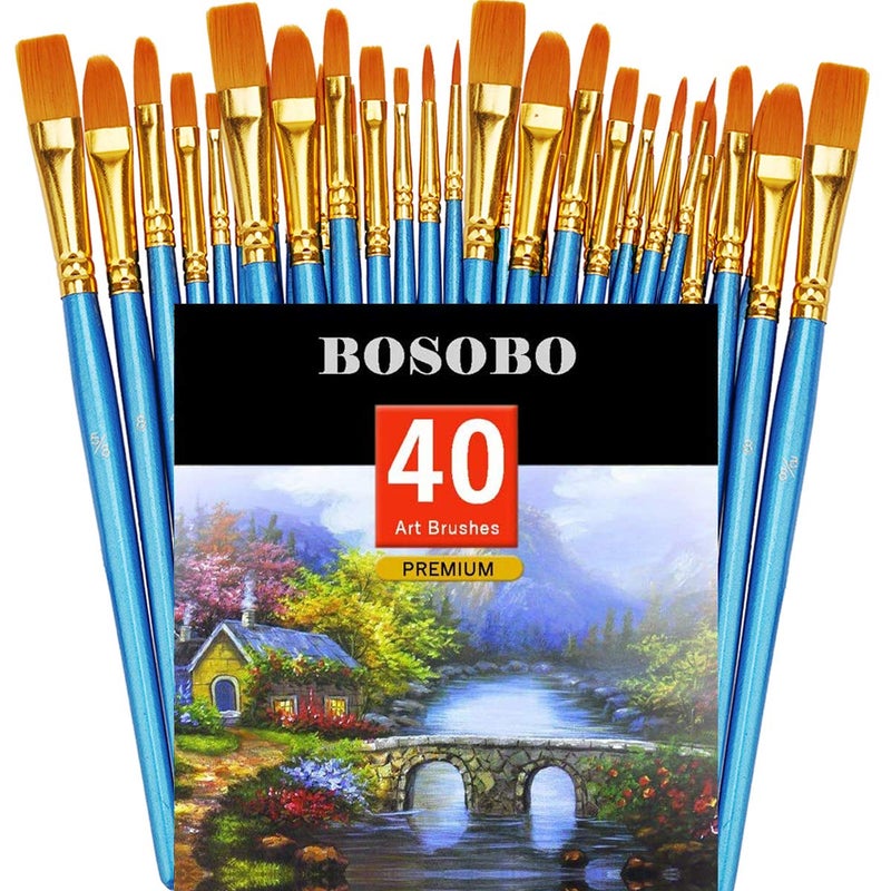 BOSOBO Pointed-Round Paint Brush, 4 Sets of 10 Pieces Fine Tip Nylon Hair Miniature Paint Brushes for Acrylic Oil Watercolor Gouache, Artist Face Nail Body, Paint by Numbers, Model Craft & Rock Art - Image 1
